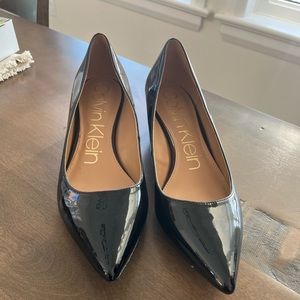 Calvin Klein black wedge patent leather kitten heals, size 10